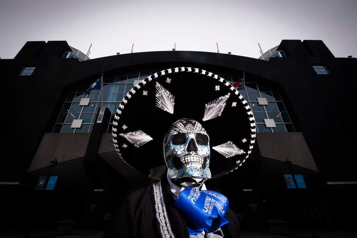 Chico Sanchez, of Salisbury, N.C., wears a La Muerte costume in anticipation of Charlotte FC’s inaugural season at Bank of America Stadium in Charlotte, Thursday, Feb. 24, 2022. Charlotte FC opens at home on March 5 against the LA Galaxy. 