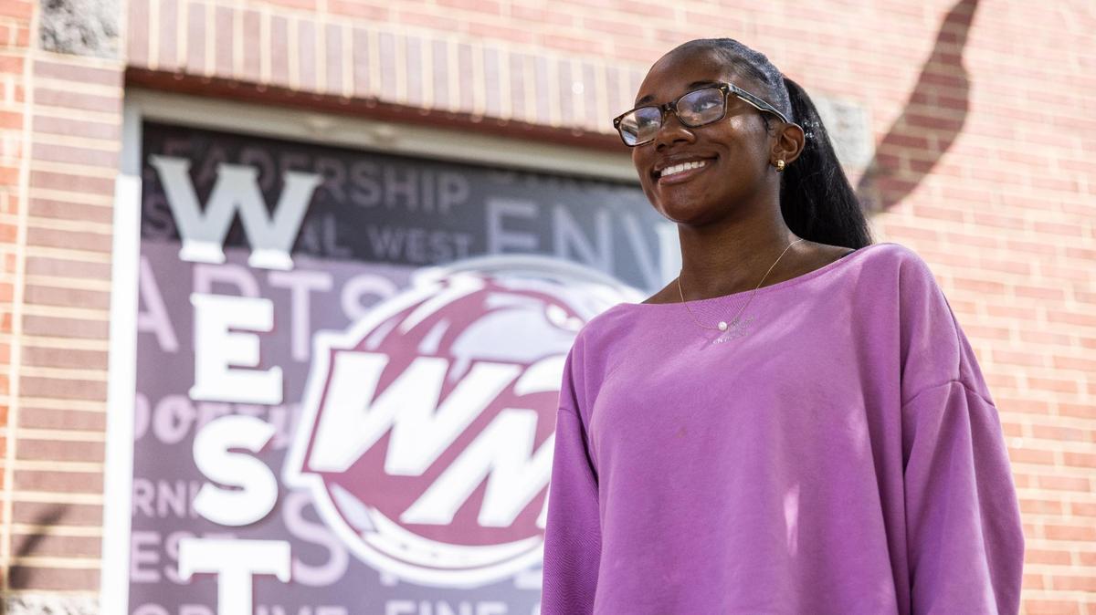 Reagan McElhaney poses for a portrait at West Mecklenburg High School in Charlotte, N.C., on Friday, June 2, 2023.