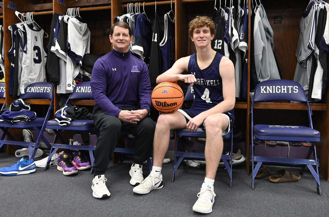 Ardrey Kell Knights head coach Mike Craft, left and point guard Matthew Craft, right, on Monday, Jan. 19, 2026. Coach Craft recently won his 350th game with a 61-35 victory over Rocky River.