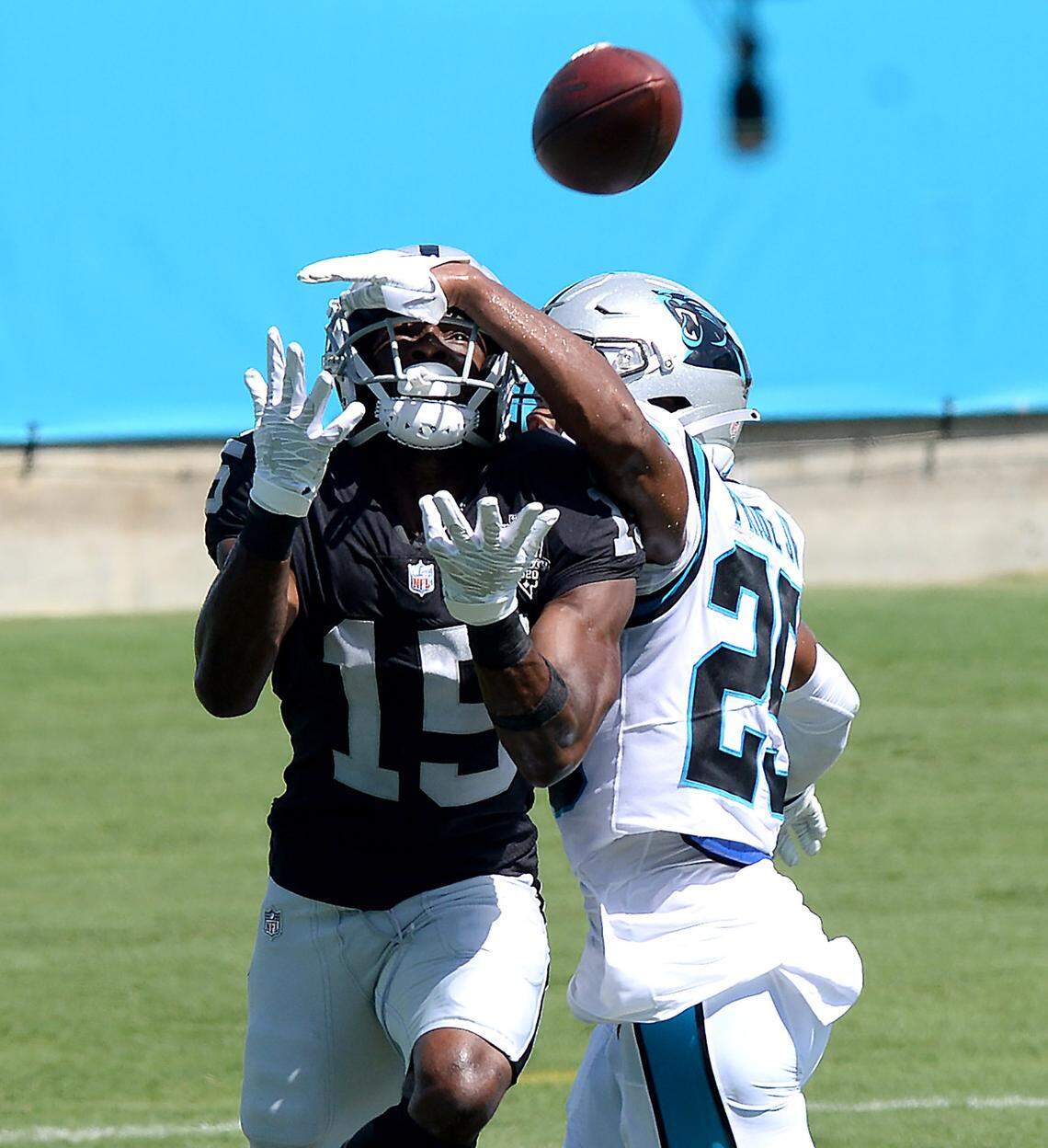 Carolina Panthers cornerback Troy Pride Jr., right, is not able to break up a touchdown pass to Las Vegas Raiders wide receiver Nelson Agholor, left, during second quarter action on Sunday, September 13, 2020 at Bank of America Stadium in Charlotte, NC.