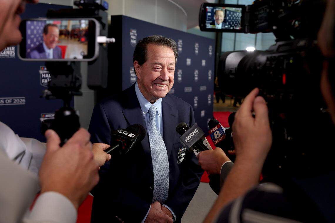 Former NASCAR driver and 2026 Hall of Fame inductee Harry Gant speaks with media along the red carpet at the NASCAR Hall of Fame on Friday, January 23, 2026. Gant along with Kurt Busch and Ray Hendrick were enshrined Friday.