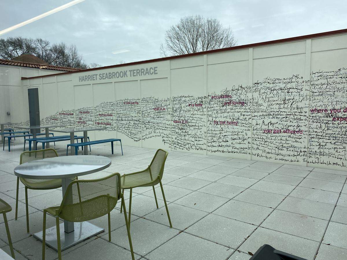 The new third floor of the Sarah Belk Gambrell Center for the Arts and Civic Engagement includes a terrace with words and poetry.