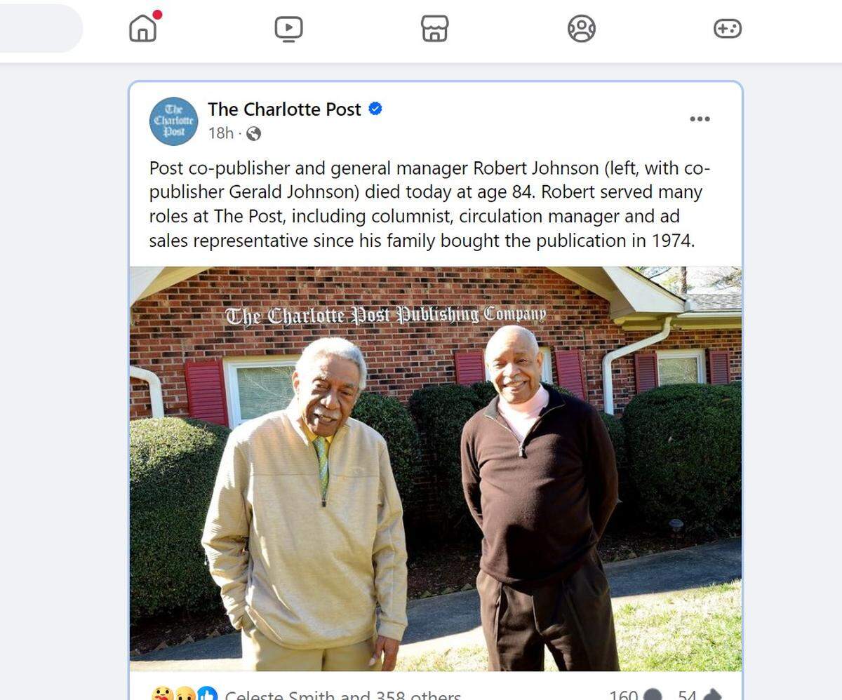 The late Bob Johnson, left, and his brother Gerald, published The Charlotte Post together. Bob Johnson died Wednesday at age 84, the paper said.