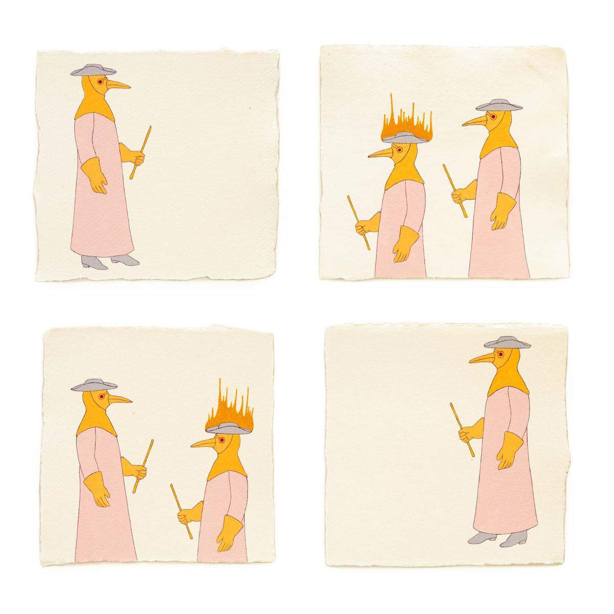 This piece by Barbara Schreiber is part of her Fire Diary series. It’s called “Plaguewear.” She started the ongoing series in 2018.