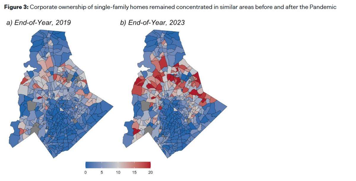 A map showing where corporate landlords own the most single-family homes.