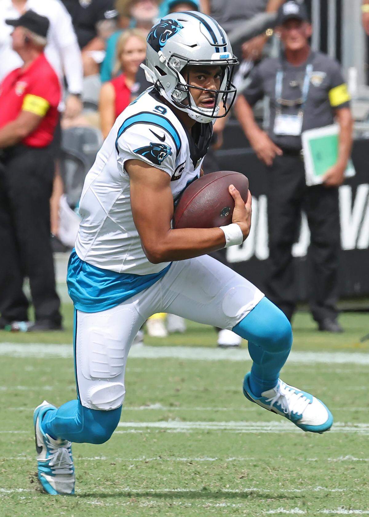 Carolina Panthers quarterback Bryce Young breaks back to the center of the field on a run against the Jacksonville Jaguars on Sunday, September 7, 2025 at Everbank Stadium in Jacksonville, Florida. Young would fumble the ball on the play with the Jaguars recovering. The Jaguars defeated the Panthers 26-10.