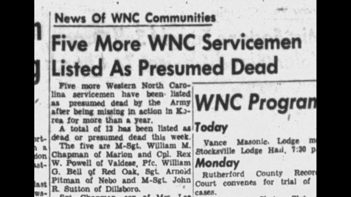 This newspaper clipping from the 1950s lists Army Corporal Rex Powell of Valdese as presumed dead.