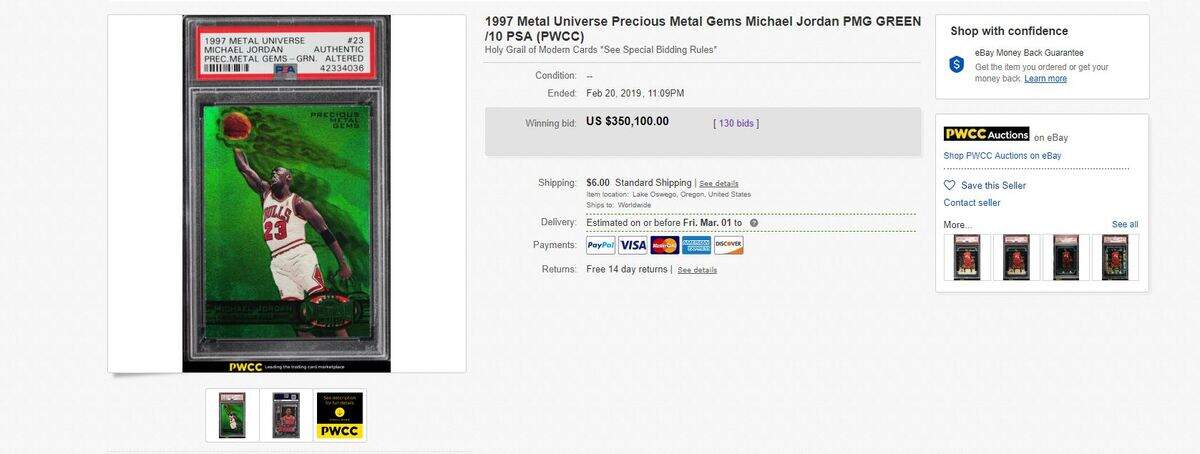 A rare 1997 Michael Jordan NBA trading card set a record on Wednesday night, Feb. 20, 2019, as the most expensive basketball card ever sold on eBay, according to the national sports card auction house that put the collectible out for bid a week ago. Only 10 of the cards were produced, seller PWCC said in a news release.