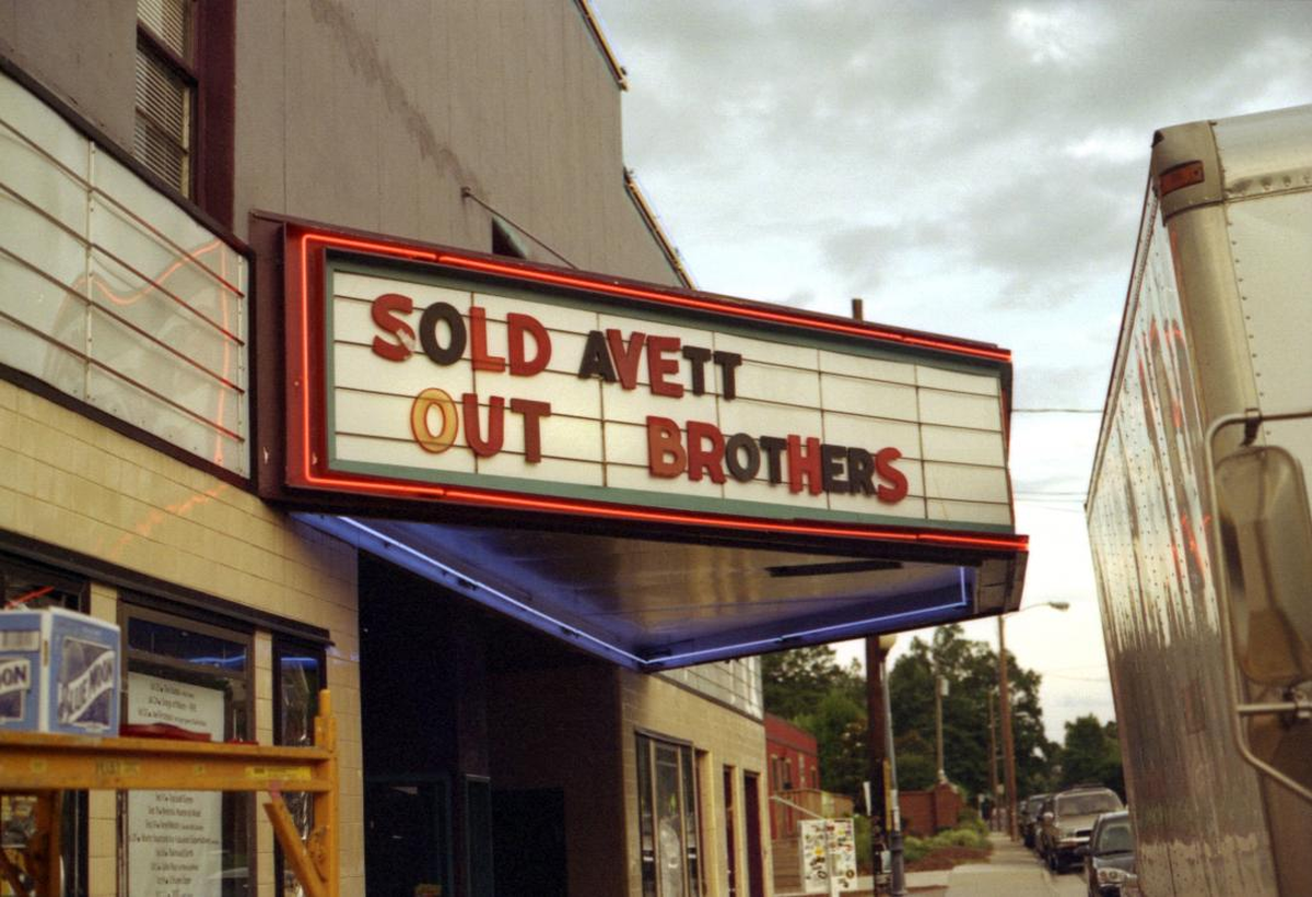 The marquee at the Neighborhood Theatre the day the Avett Brothers shot its music video “I and Love and You.”