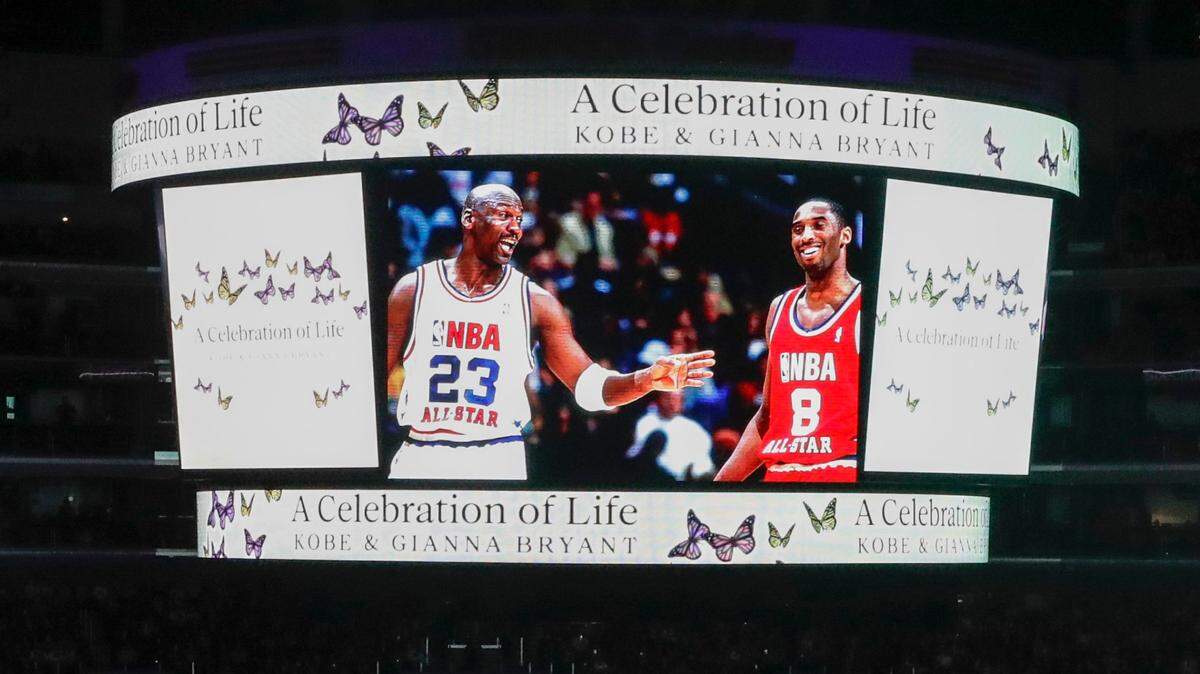 Former NBA player Michael Jordan speaks during a celebration of life for Kobe Bryant and his daughter Gianna Monday, Feb. 24, 2020, in Los Angeles. (AP Photo/Marcio Jose Sanchez)
