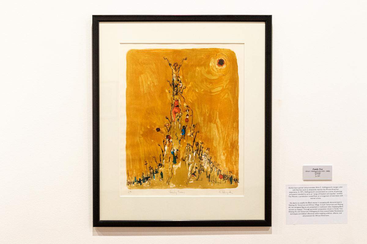 “Family Tree” hangs in the center of the gallery. It’s one of four works in this exhibit by Hollingsworth and demonstrates his intricate use of ink. His style – delicate gestures – is recognizable around the room. He was heavily influenced by strong black women, their role in the family and the progression of black people.