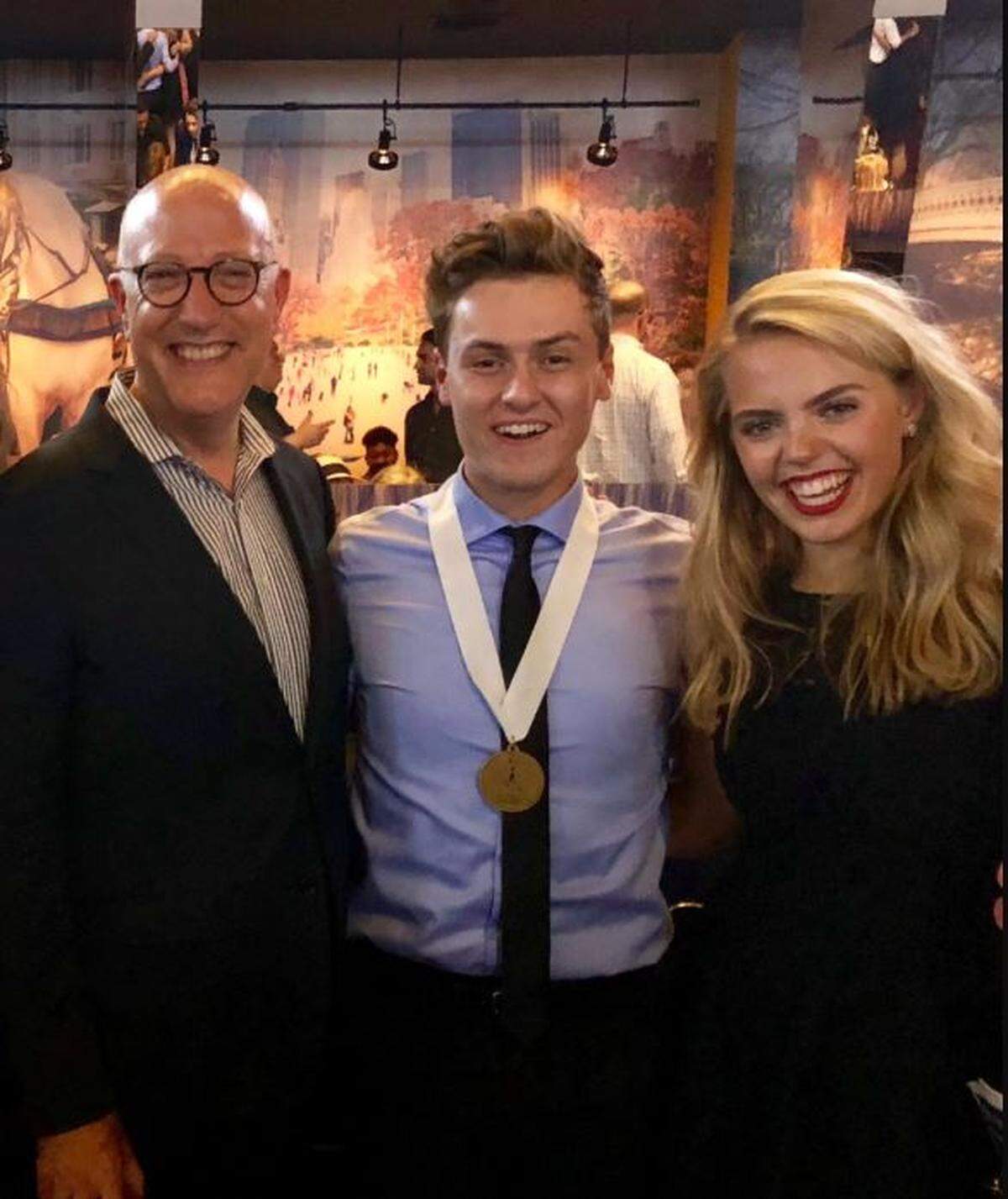 Blumenthal Performing Arts President Tom Gabbard with 2018 Blumey winners Ethan Holtzman and Reneé Rapp.