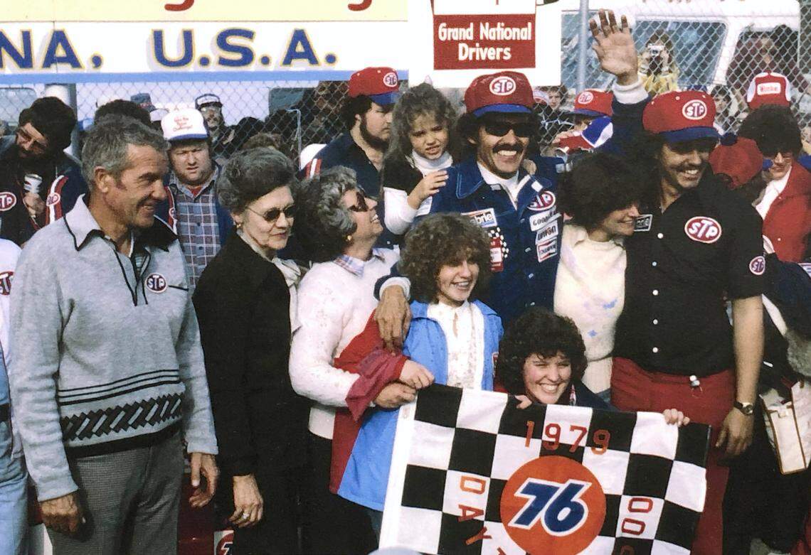 NASCAR driver Richard Petty celebrates his victory in the 1979 Daytona 500 with family and team personnel at Daytona International Speedway in Daytona Beach, Florida.