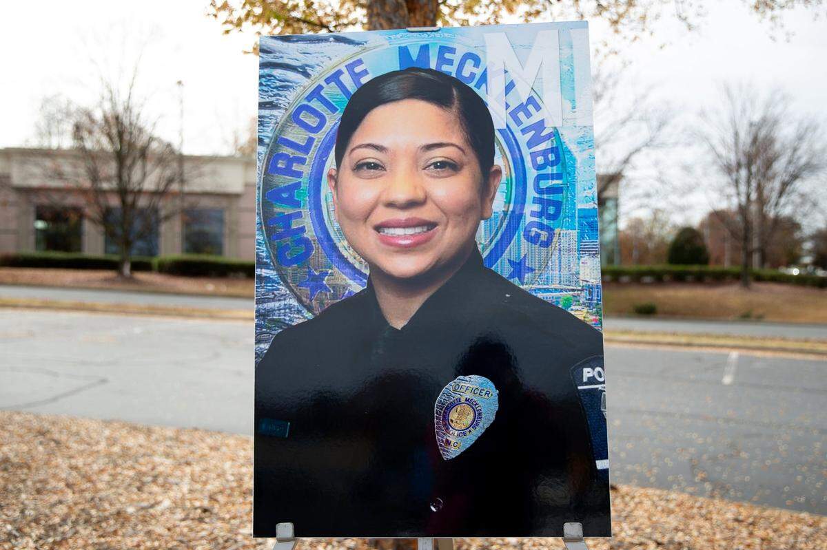 A portrait of Officer Mia Goodwin is displayed during the Mia Goodwin Memorial Service in Charlotte, NC on November 17, 2023.
