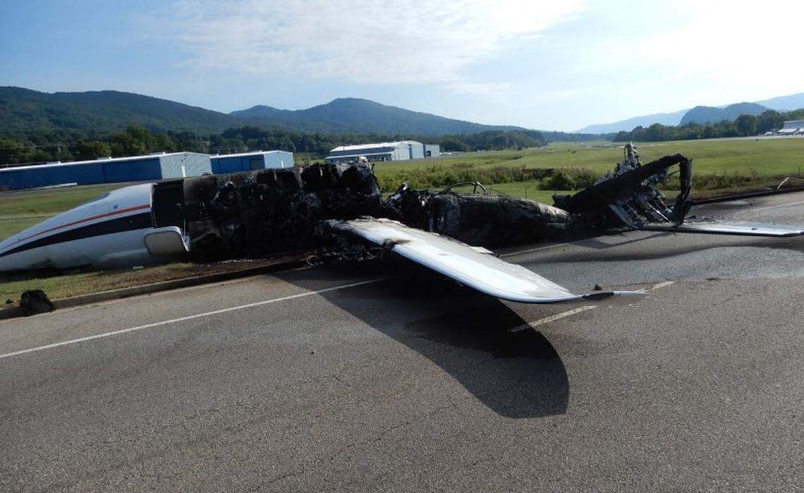 The burned, mangled remains of the Cessna 680 business jet that carried Dale Earnhardt Jr. and his family sit at the Elizabethton Municipal Airport on Aug. 15, 2019.