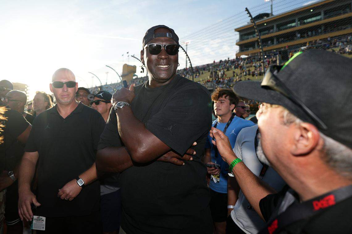 23XI owner Michael Jordan celebrates the win by his NASCAR Cup Series driver Tyler Reddick (not pictured) in the Straight Talk Wireless 400 at Homestead-Miami Speedway on Oct. 27, 2024.
