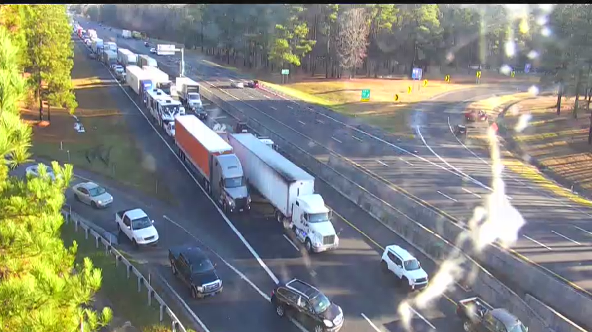 Traffic on southbound Interstate 77 near Rock Hill mile close to mile marker 77 after a crash Dec. 11, 2023. This screenshot shows traffic at a standstill at 8:45 a.m.