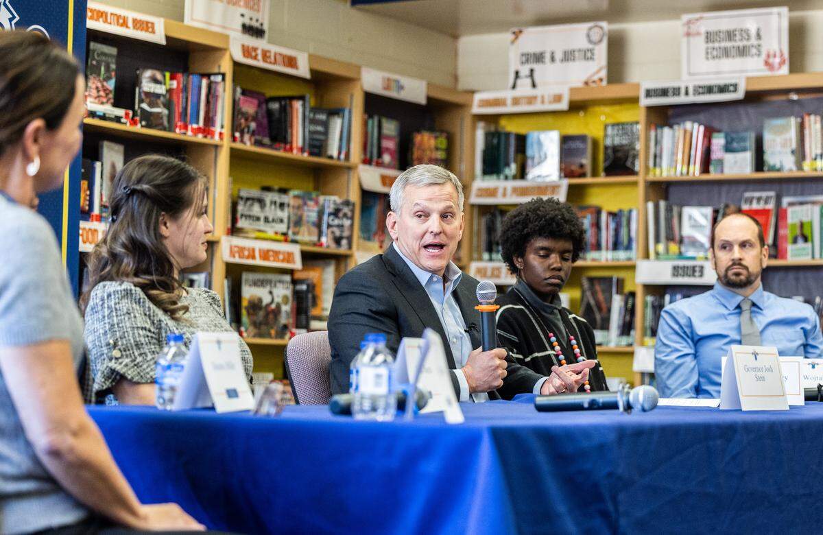 Gov. Josh Stein visits East Mecklenburg High School to talk about the impact of the cell phone policy he enacted last year in Charlotte, N.C., on Tuesday, January 13, 2025.