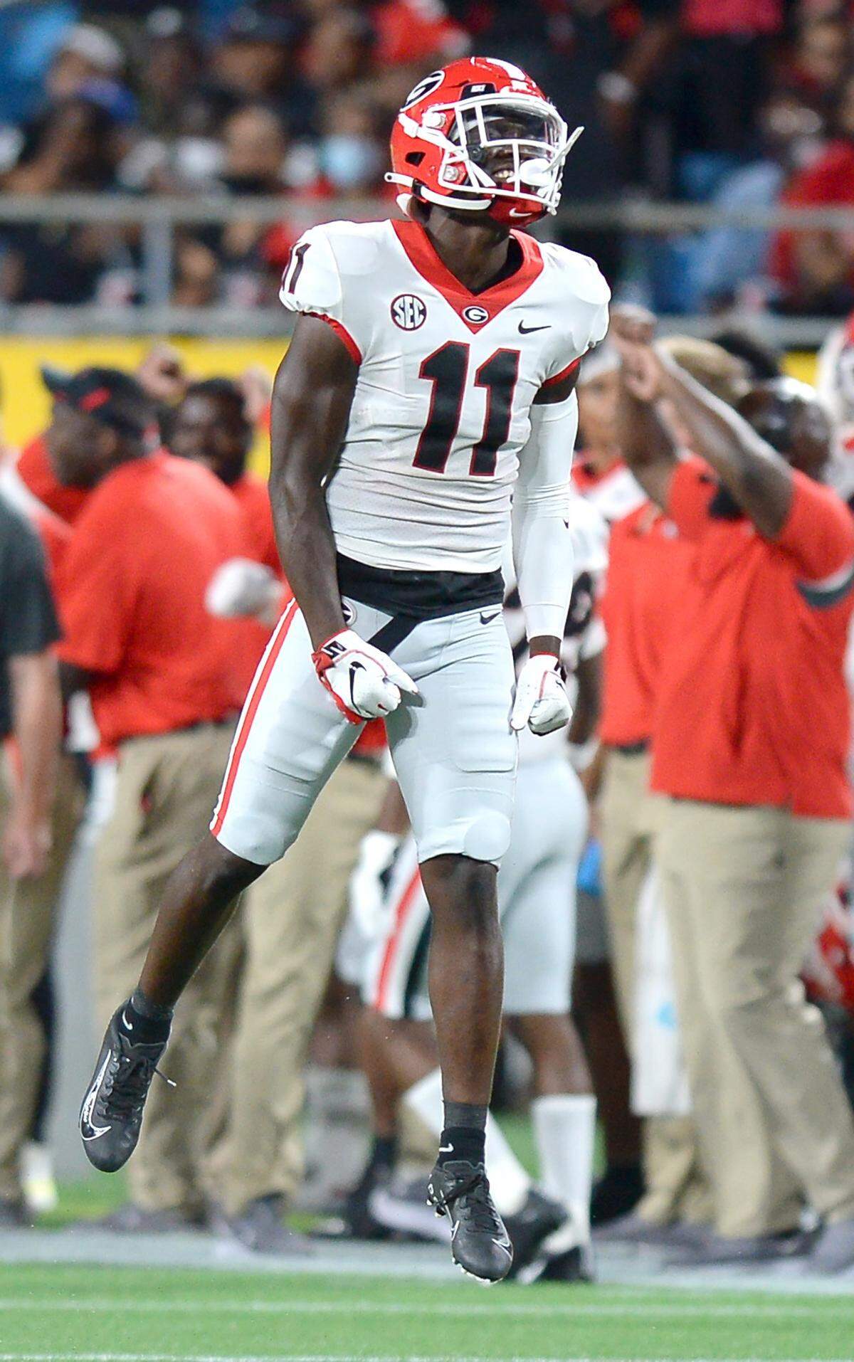 Georgia Bulldogs defensive back Derion Kendrick celebrates the team’s play against the Clemson Tigers during second quarter action of the Duke’s Mayo Classic at Bank of America Stadium in Charlotte, NC on Saturday, September 4, 2021.
