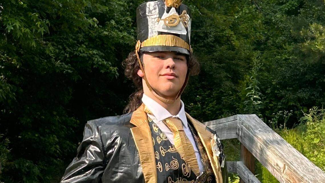 Nicholas Moore, a rising senior at South Iredell High School in Troutman NC, is a finalist in a national competition for his marching band-inspired prom tuxedo made of Duck Brand duct tape.