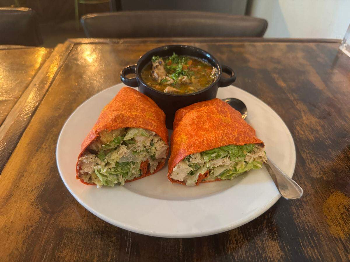 The chicken Caesar wrap and cup of soup at ROOTS Cafe in South End.