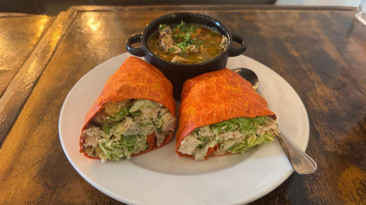 The chicken Caesar wrap and cup of soup at ROOTS Cafe in South End.