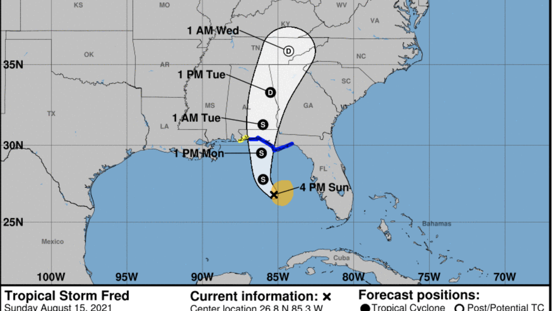 A graphic from the National Hurricane Center shows Tropical Storm Fred’s path as of 4 p.m. Sunday.