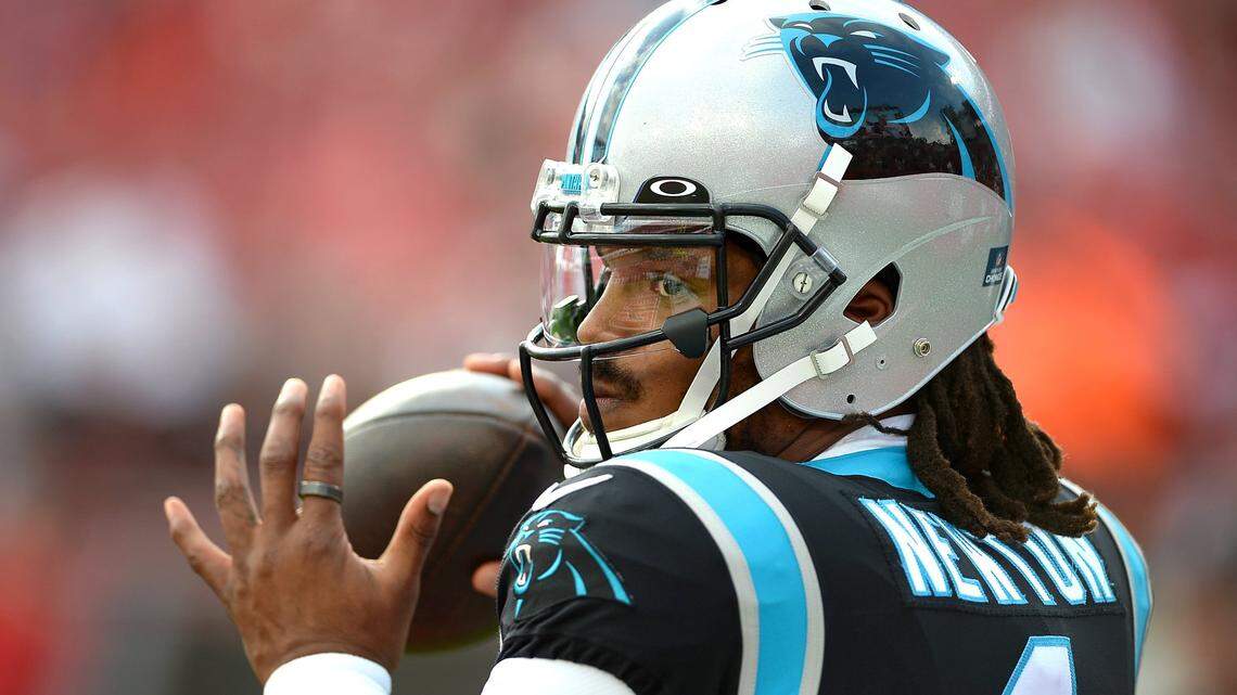 Carolina Panthers quarterback Cam Newton warms up at Raymond James Stadium in Tampa, Fl. prior to action against the Tampa Bay Buccaneers on Sunday, January 9, 2022.