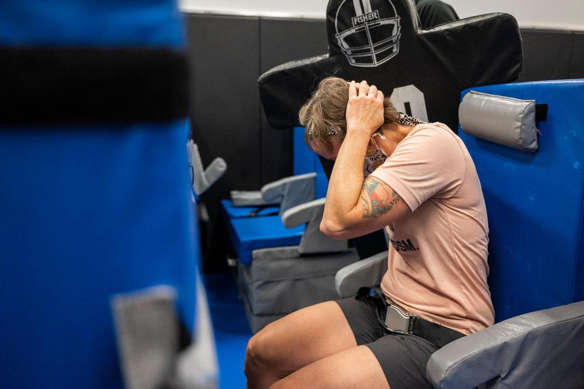 American Airlines crew member, Courtney McDonald, practices a safety drill during a self defense training class at the Federal Air Marshal Service Charlotte Field Office.