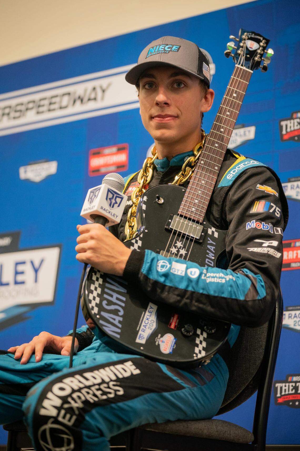 NASCAR Craftsman Truck Series driver Carson Hocevar speaks after winning the Rackley Roofing 200 Race at Nashville Superspeedway in Lebanon, Tenn., Friday, June 23, 2023.