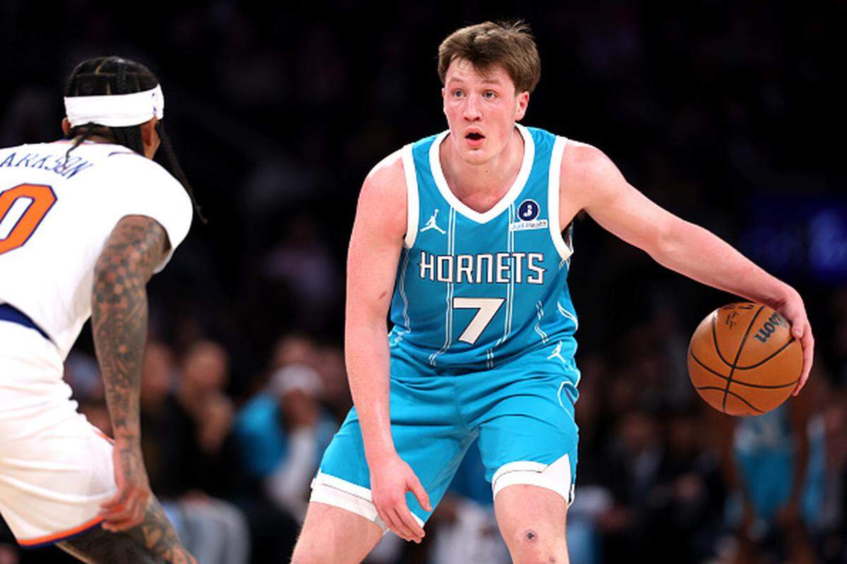 Kon Knueppel of the Charlotte Hornets in action during the game against the New York Knicks at Madison Square Garden in New York.