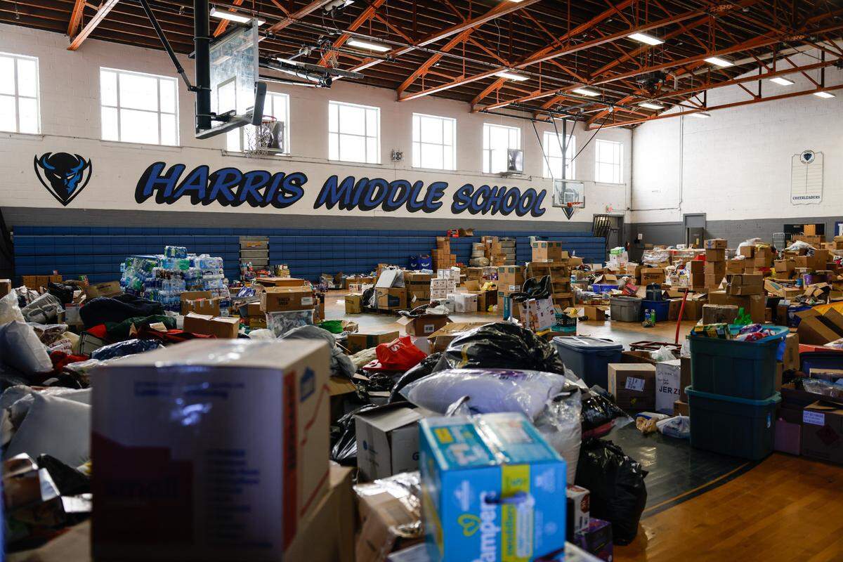 The gym of Harris Elementary Middle School in Spruce Pine is overflowing with donations and supplies for families affected by Hurricane Helene in Mitchell County on Wednesday, Oct. 9, 2024.