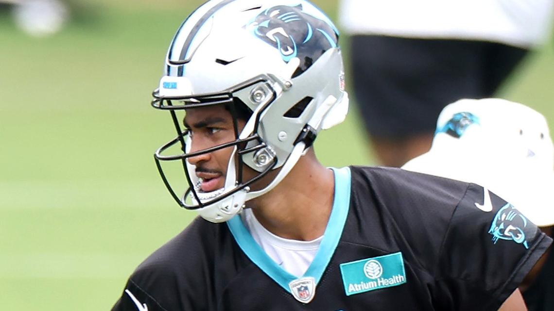 Carolina Panthers quarterback Bryce Young turns to hand the ball off during a team practice earlier this month.