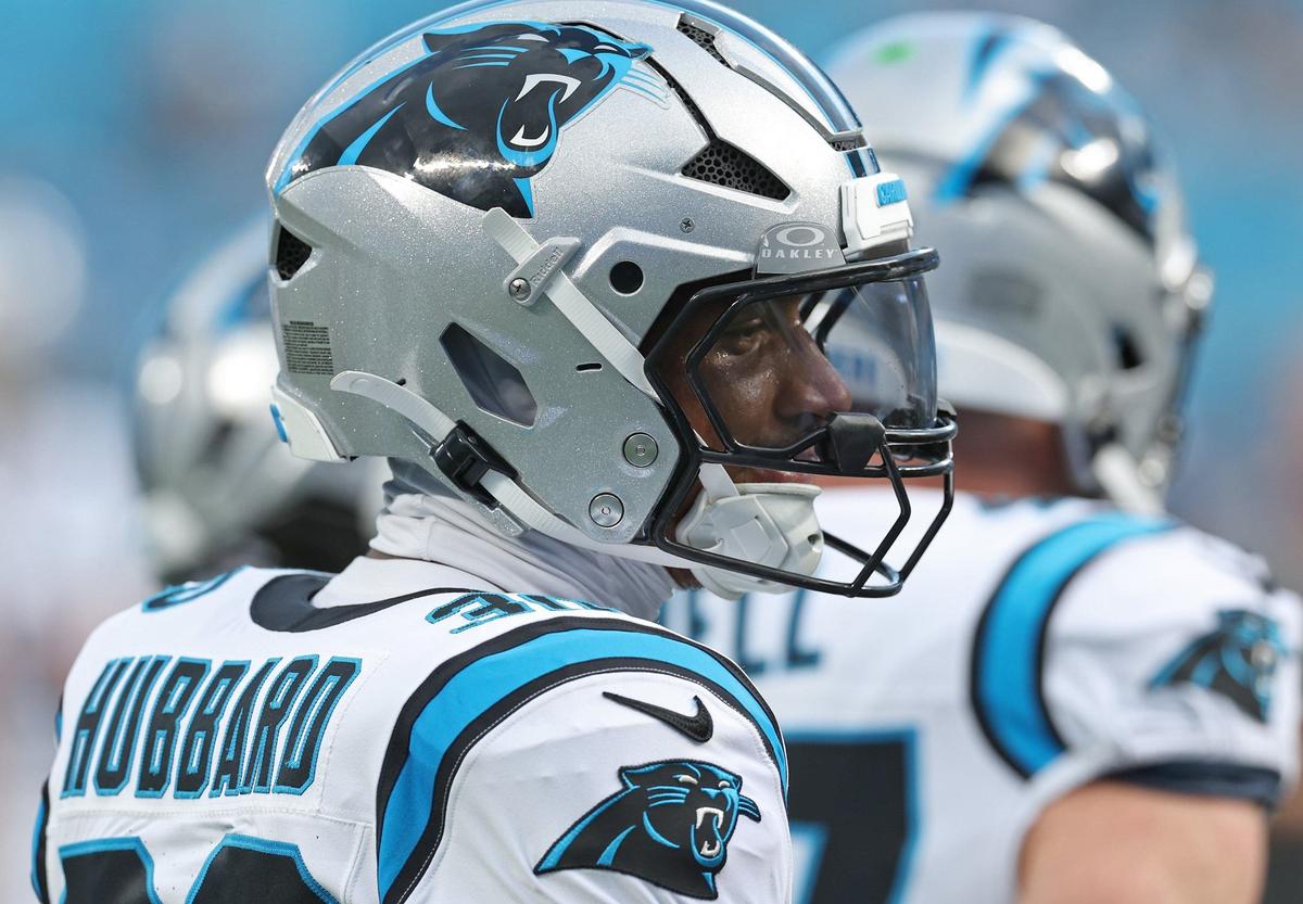 Carolina Panthers running back Chuba Hubbard waits with his teammates to run through a drill prior to action against the New York Jets at Bank of America Stadium in Charlotte, NC on Saturday, August 17, 2024.