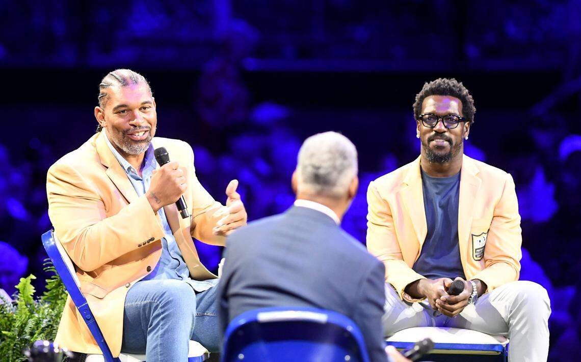 Hall of Famers Julius Peppers and Patrick Willis on stage at Canton Memrial Civic Center for The Pro Football Hall of Fame Festival Class of 2024 Uscripted & Tailgate at Canton Memorial Civic Center. Sunday, August 04, 2024.