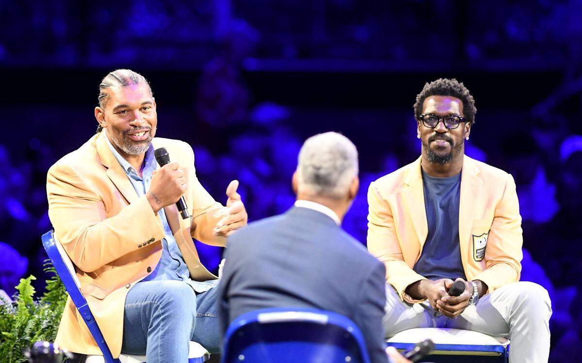 Hall of Famers Julius Peppers and Patrick Willis on stage at Canton Memrial Civic Center for The Pro Football Hall of Fame Festival Class of 2024 Uscripted & Tailgate at Canton Memorial Civic Center. Sunday, August 04, 2024.