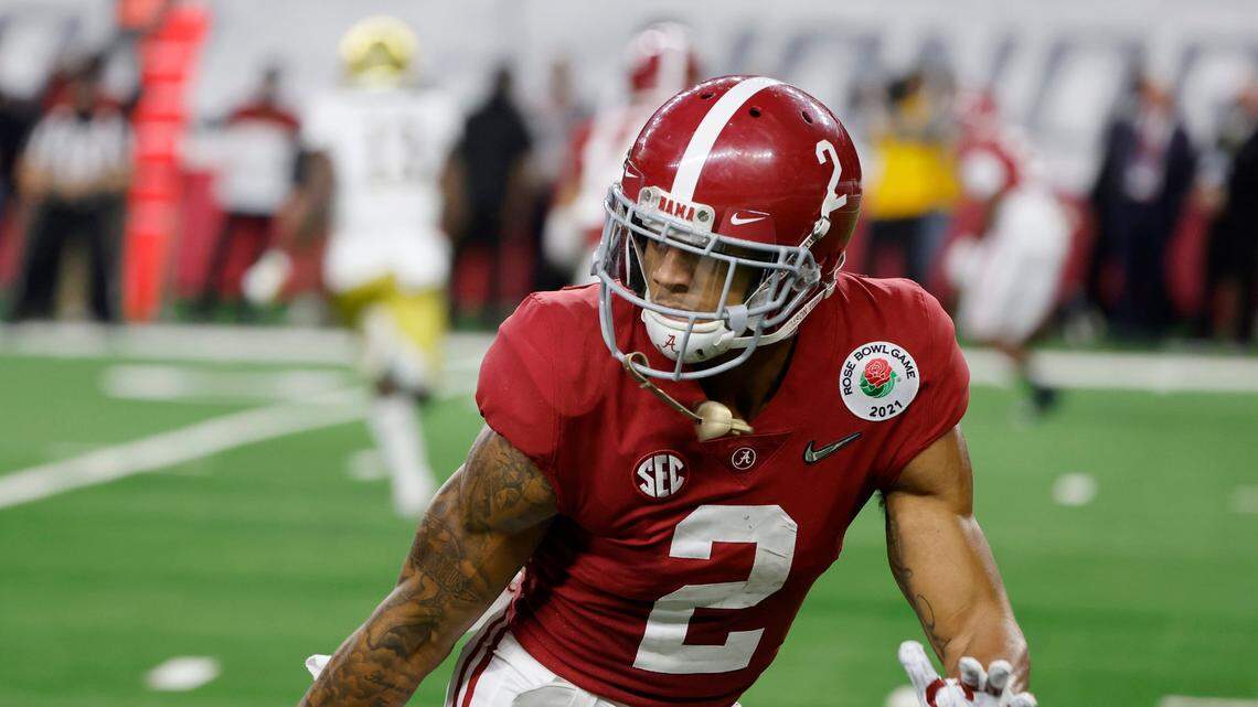 In this Jan. 1, 2021, file photo, Alabama defensive back Patrick Surtain II defends against Notre Dame during the Rose Bowl NCAA college football game in Arlington, Texas.