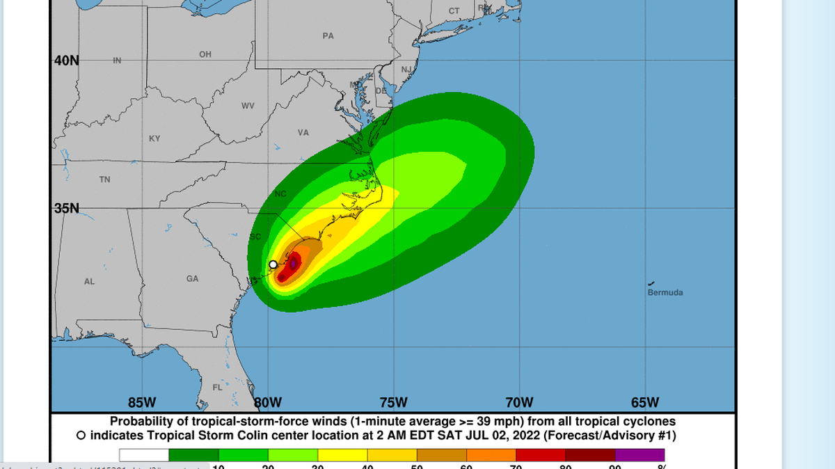 Strong winds, heavy rain and flash flooding from Tropical Storm Colin are expected along the Carolinas’ coast Saturday, July 2, 2022, into Sunday, July 3, according to the Natioanal Hurricane Cnter in Miami.
