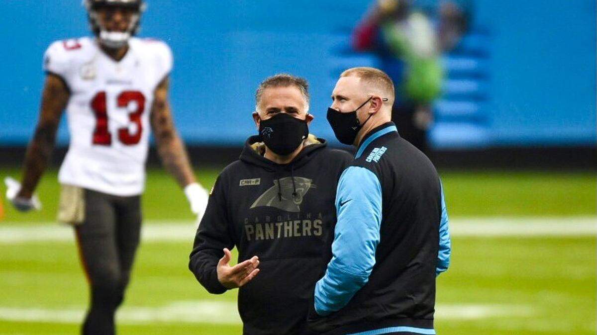 Head coach Matt Rhule and offensive coordinator Joe Brady talk during pregame as the Panthers prepare to take on the Tampa Bay Buccaneers at Bank of America Stadium in Charlotte, NC on Sunday, November 15, 2020.