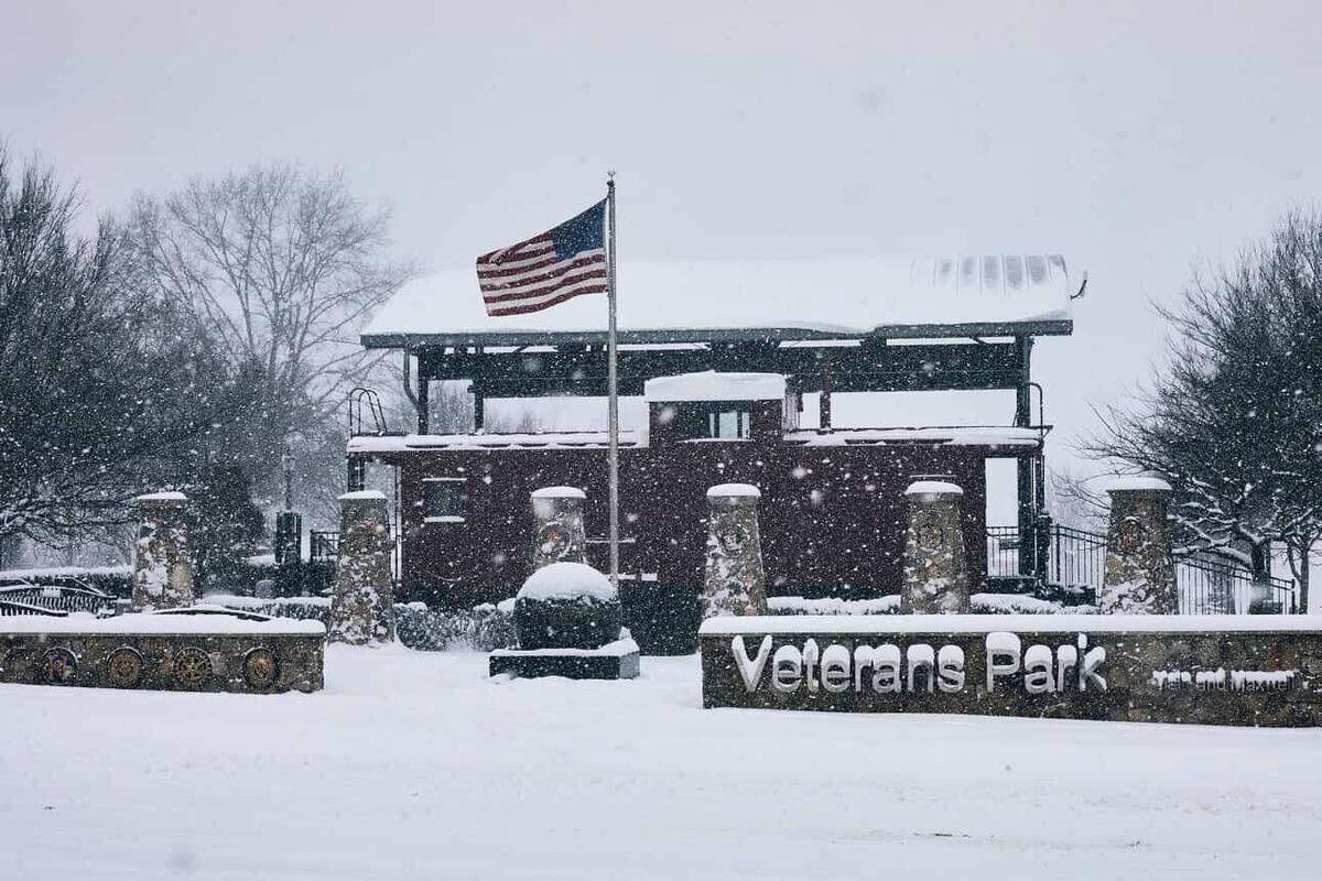 Snow falls on Veterans Park in Huntersville, NC on Saturday, January 31, 2026.