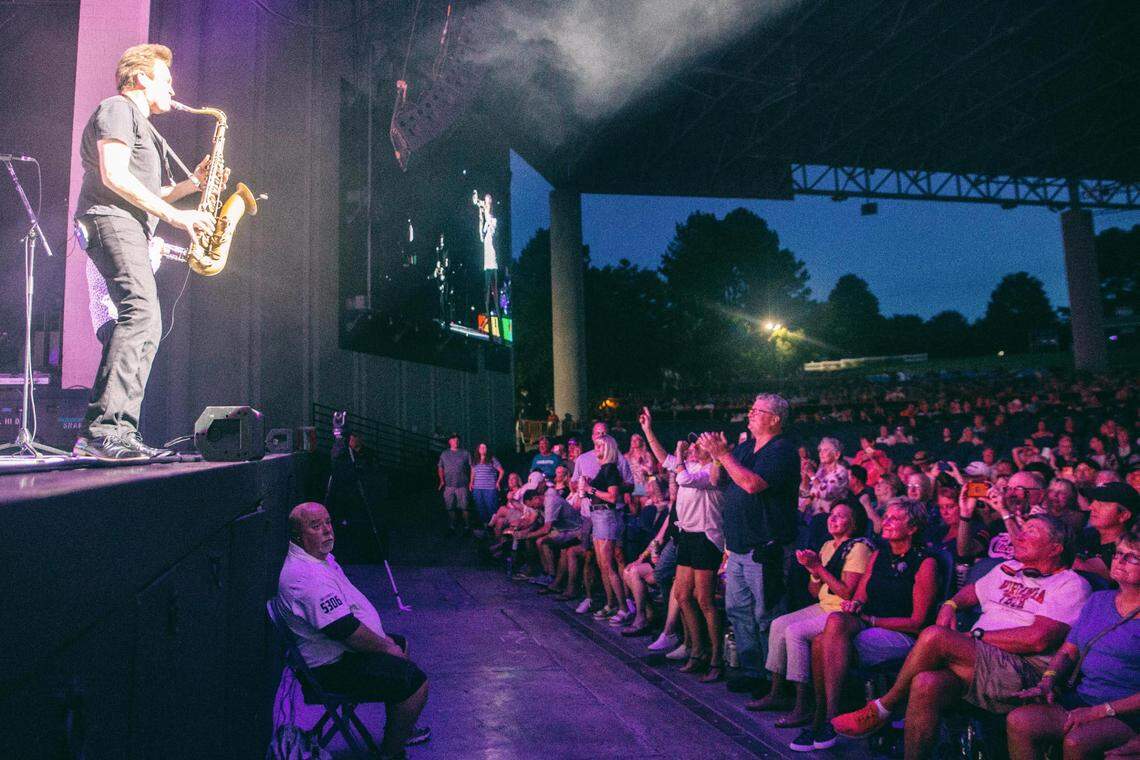 The crowd at PNC Music Pavilion reacts to sax player Ray Herrmann.