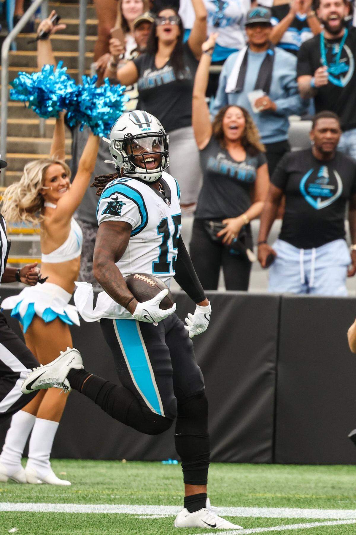 Panthers wide receiver Laviska Shenault, Jr. is all smiles as he runs toward the end zone for the team’s first offensive touchdown during the game against the Saints at Bank of America Stadium on Sunday, September 25, 2022 in Charlotte, NC. The Panthers pulled out their first win of the season by defeating the Saints 22-14.