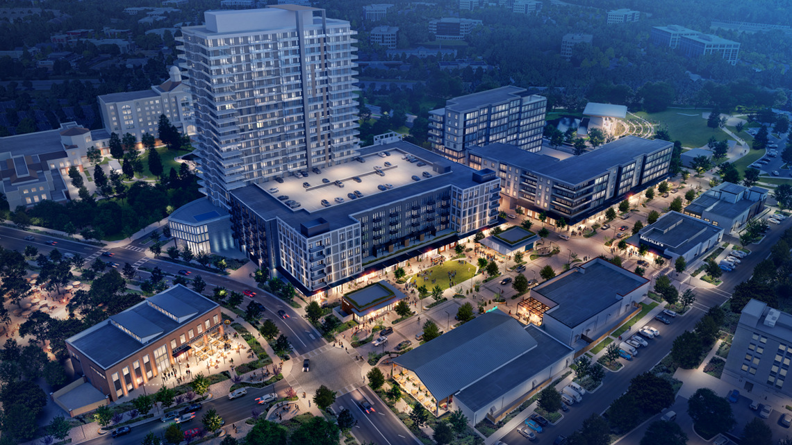 Fresh renderings of The Bowl at Ballantyne show the design of the mixed-use development, which is planned to open next year. The project includes both apartments and retail.