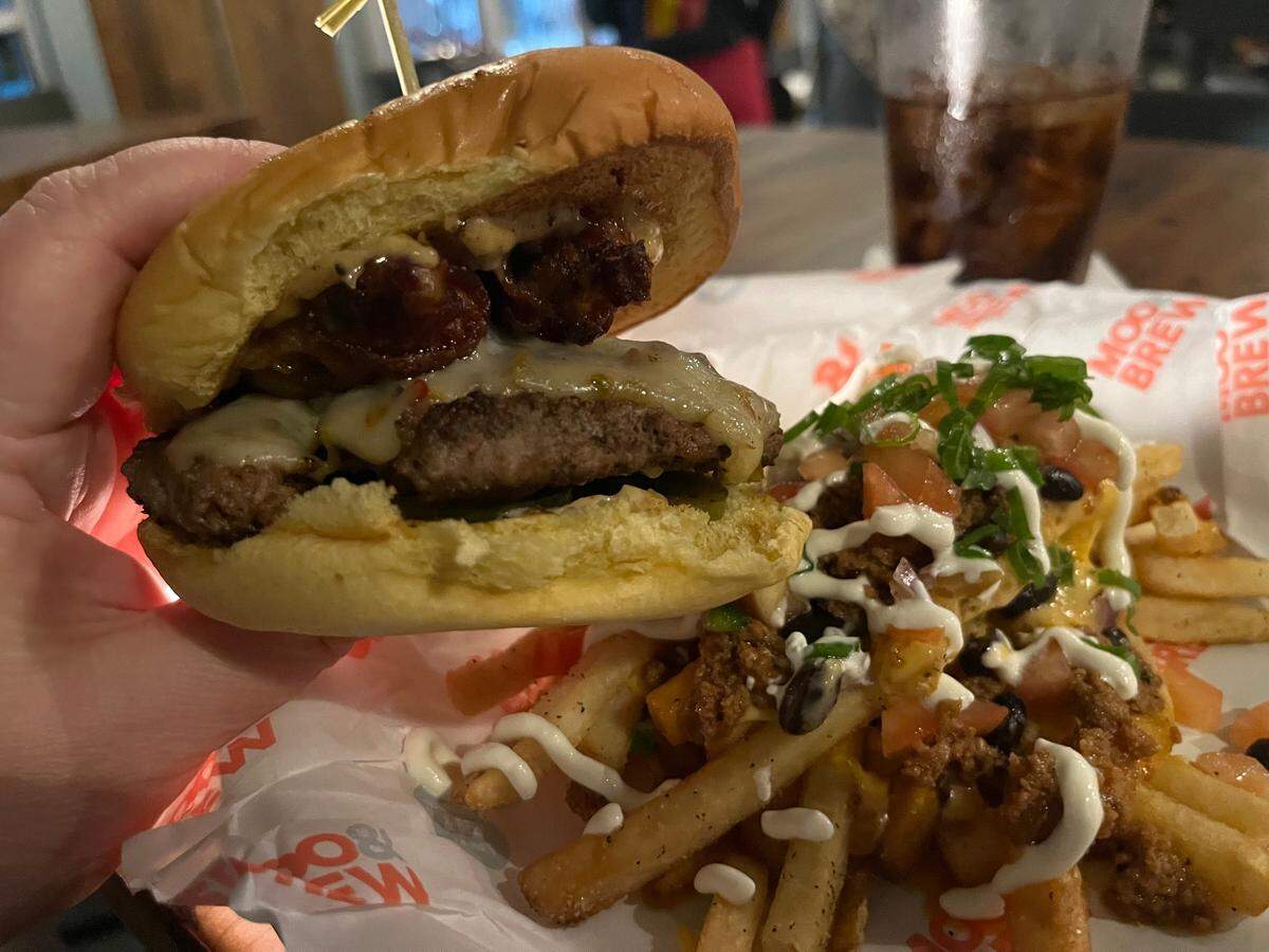 A Peter Piper burger and Why Nacho Fries at Moo & Brew Matthews.