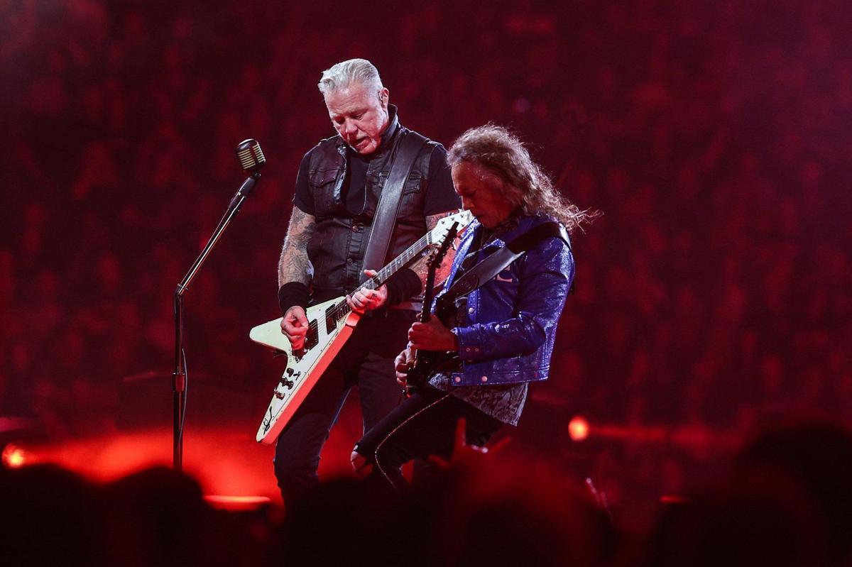 Metallica lead vocalist James Hetfield, left, and lead guitarist Kirk Hammett perform at Bank of America Stadium in Charlotte, NC on Saturday, May 31, 2025.