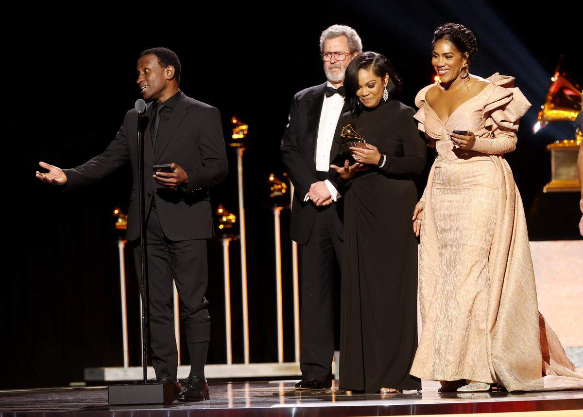 LOS ANGELES, CALIFORNIA - FEBRUARY 01: (FOR EDITORIAL USE ONLY) (L-R) KwamÃ© Ryan, Blanton Alspaugh, Janai Brugger and J'Nai Bridges accept the Best Opera Recording award for "Heggie: Intelligence" onstage during the 68th GRAMMY Awards Premiere Ceremony at Peacock Theater on February 01, 2026 in Los Angeles, California. (Photo by Frazer Harrison/Getty Images)