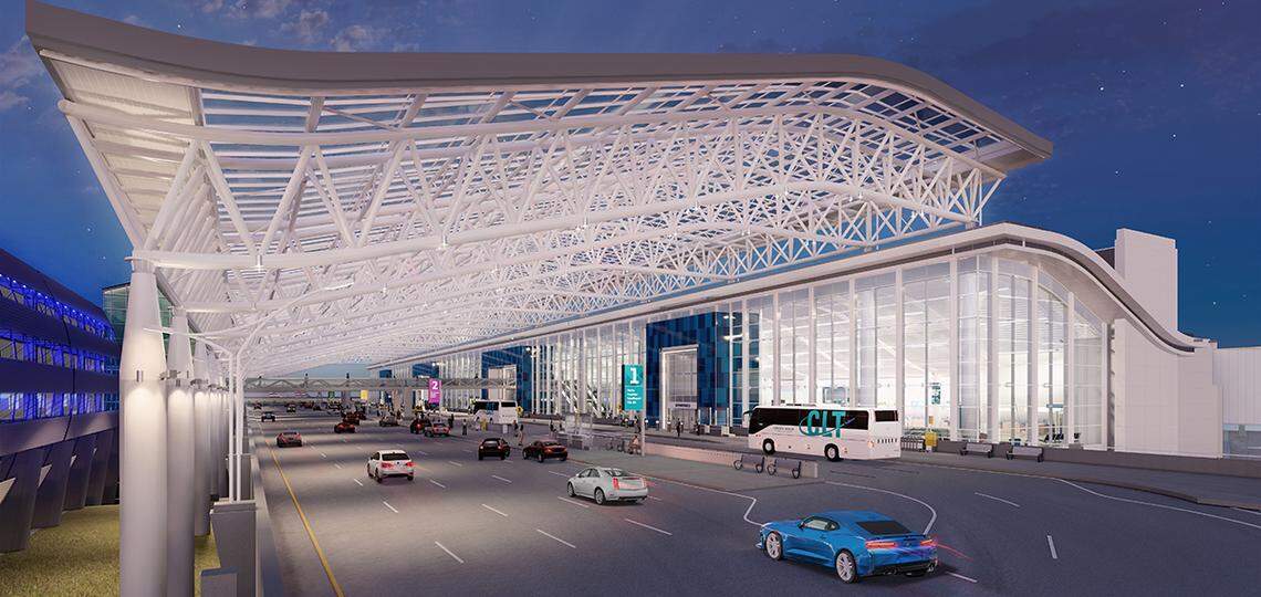 The upper-level roadway at Charlotte Douglas International Airport will close temporarily Sept. 27, 2022, through early on Oct. 12, 2022, for construction of a roadway canopy that’s part of the airport’s terminal lobby expansion.