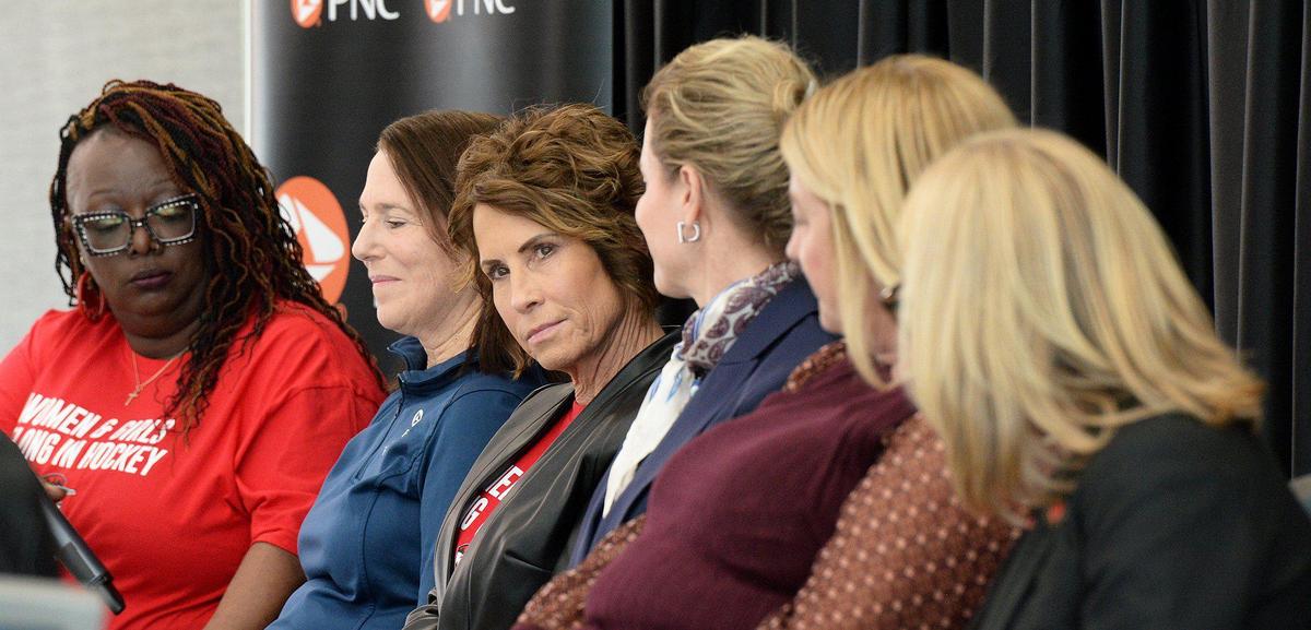 Along with several other female business leaders from across Charlotte, Mary Grams (third from left), Charlotte Checkers VP, took part in a panel discussion marking International Women’s Day at Bojangles Coliseum on Saturday, Mar. 8, 2025.