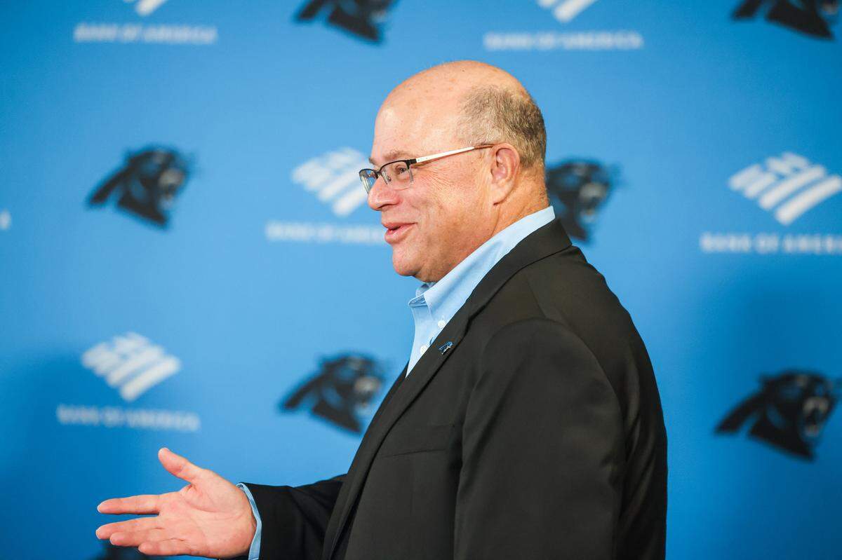 Team owner David Tepper speaks to media about the Panthers’ first round draft pick, quarterback Bryce Young, in the NFL Draft on Thursday, April 27, 2023.