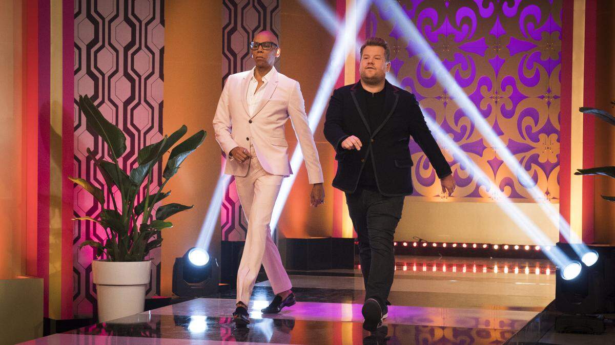 RuPaul and guest James Corden strut down the runway on the set of RuPaul’s new daytime talkshow. The show premiered on Monday, June 10, 2019.